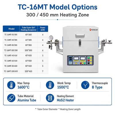TENCAN TC-16MT 1600C MoSi2 히터 튜브 퍼니스 B 유형 열전대 알루미나 튜브 전기 실험실 소결 오븐 열처리